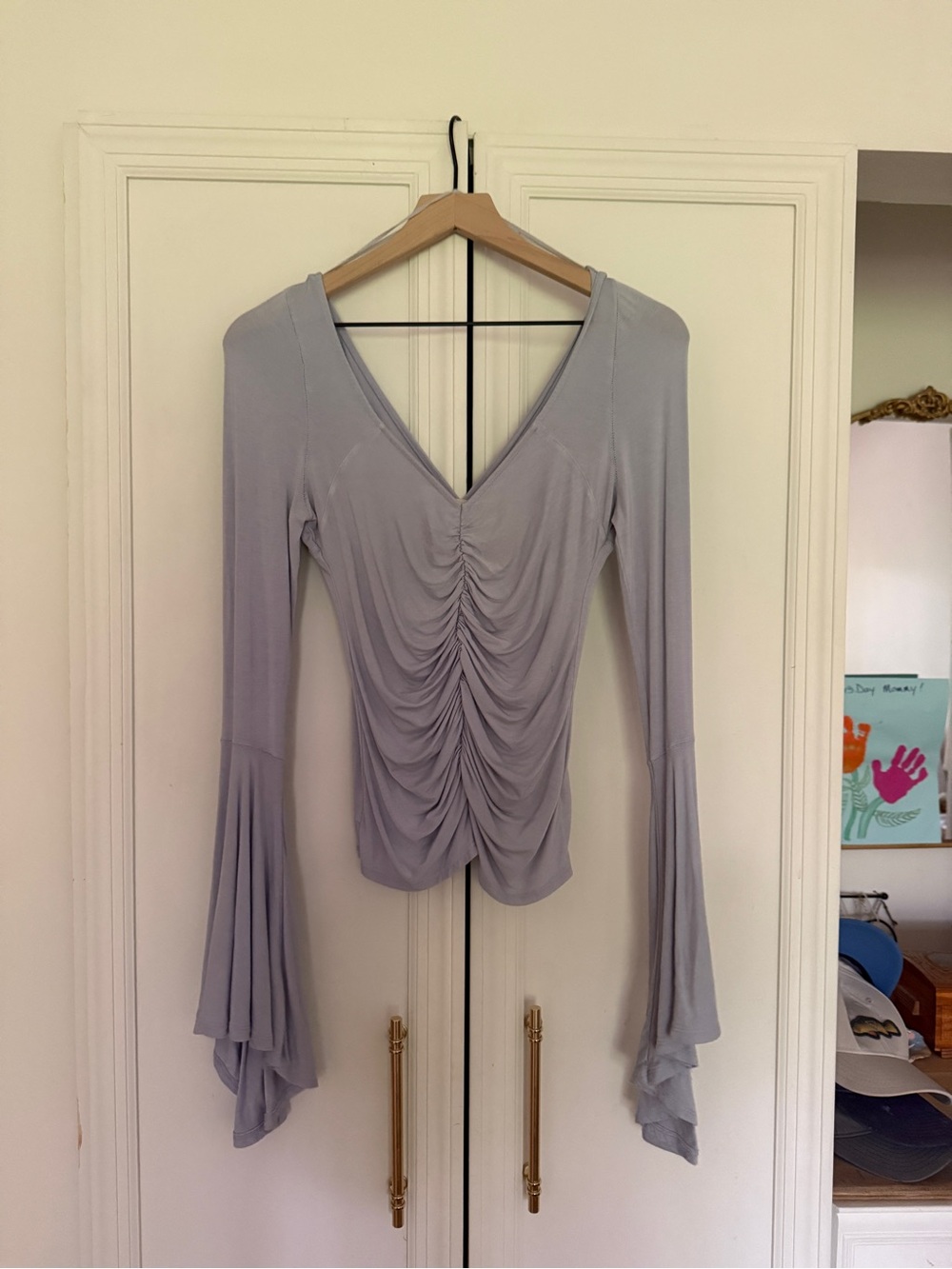 Free People Lavender Ruched V-Neck Long Sleeve Top